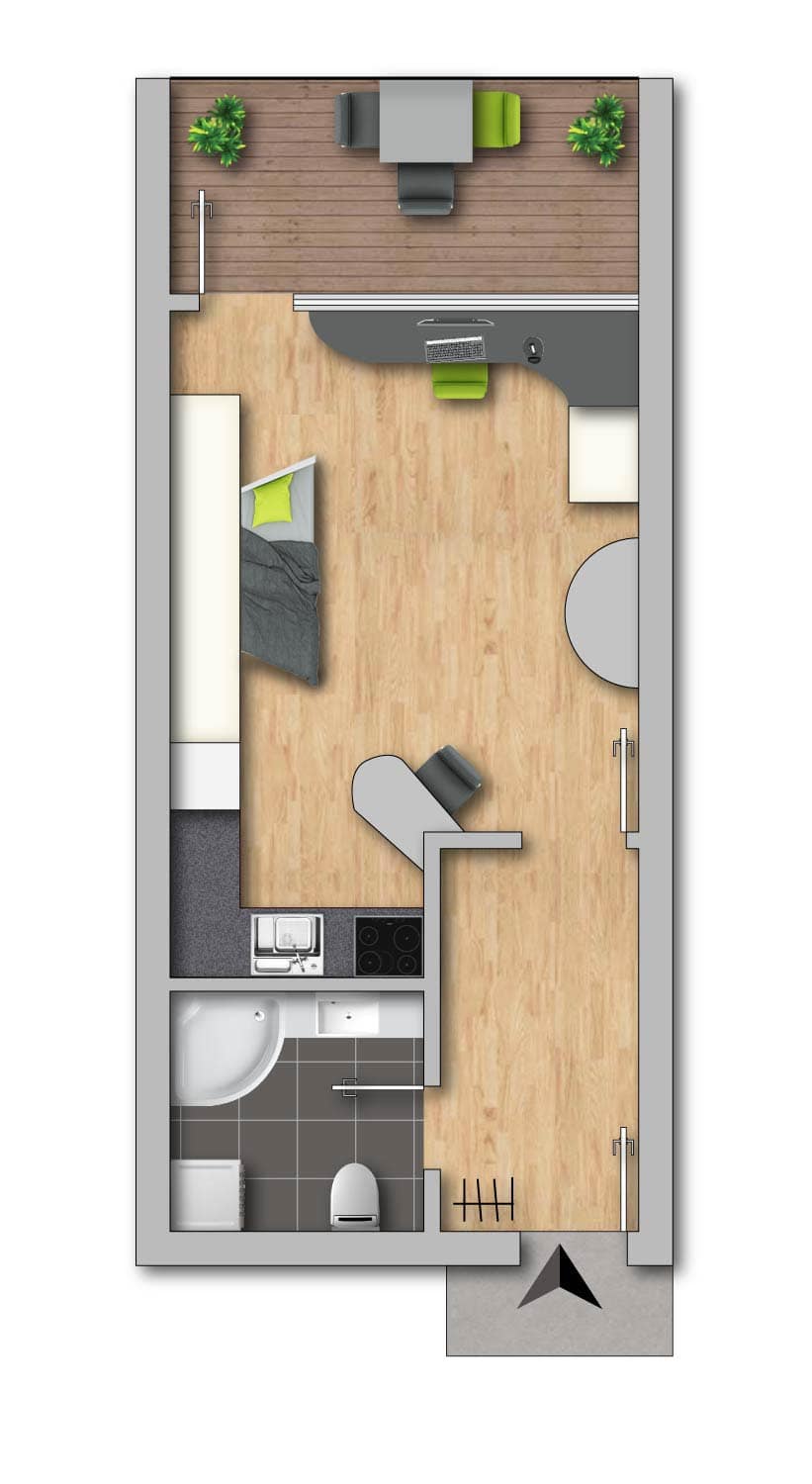Grundriss | Vollmöblierte und sofort beziehbare 1-Zimmerwohnung in Grünlage von Bad Ischl zu mieten | Objekt 1075 | Daxner Immobilien, Bad Ischl, Salzkammergut