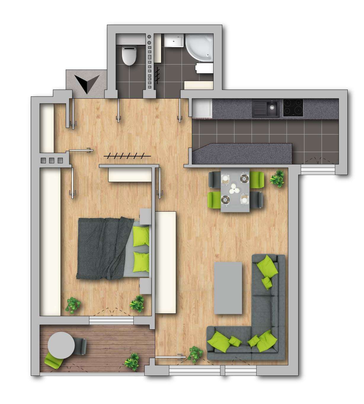 Grunrdriss Wohnung | Gepflegte 2-Zimmer-Wohnung mit verglaster Loggia in Ebensee am Traunsee zu kaufen | Objekt 1090 | Daxner Immobilien, Ebensee am Traunsee, Bad Ischl, Salzkammergut
